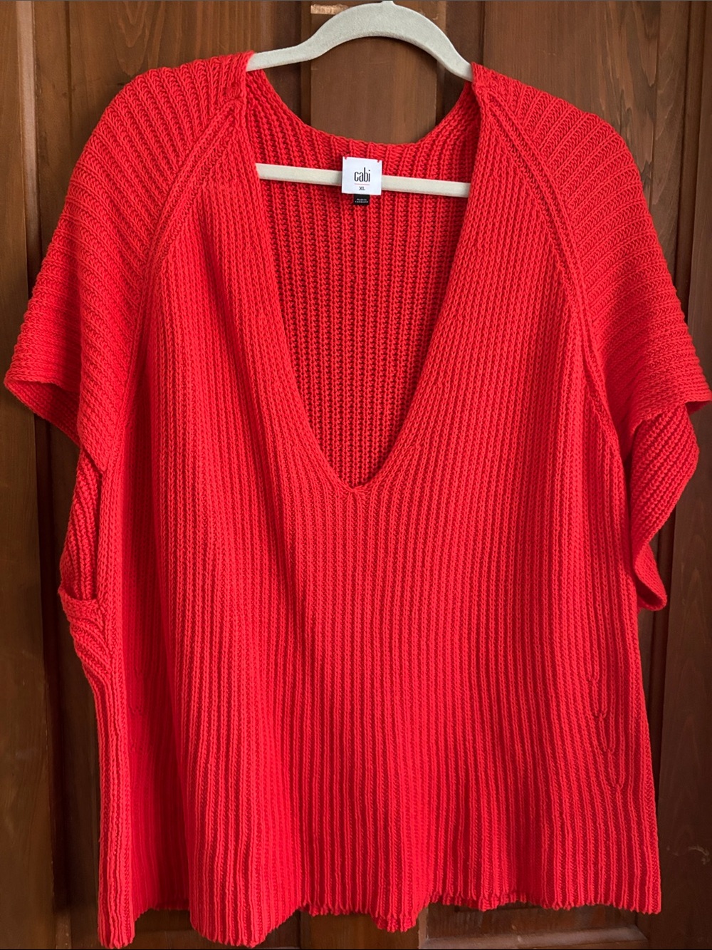 CAbi Vibrant Red Ribbed V-Neck Pullover